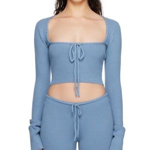 Danielle Guizio Blue Bow Square Sweater Crop Top
